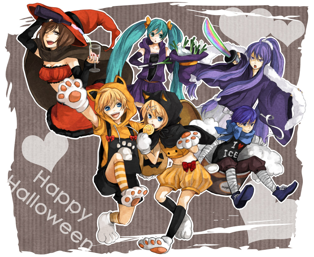 tama (songe), hatsune miku, kagamine len, kagamine rin, kaito (vocaloid), kamui gakupo, meiko (vocaloid), vocaloid, 3boys, 3girls, aqua hair, brother and sister, costume, grey background, halloween, happy halloween, multiple boys, multiple girls, shorts, siblings, twins