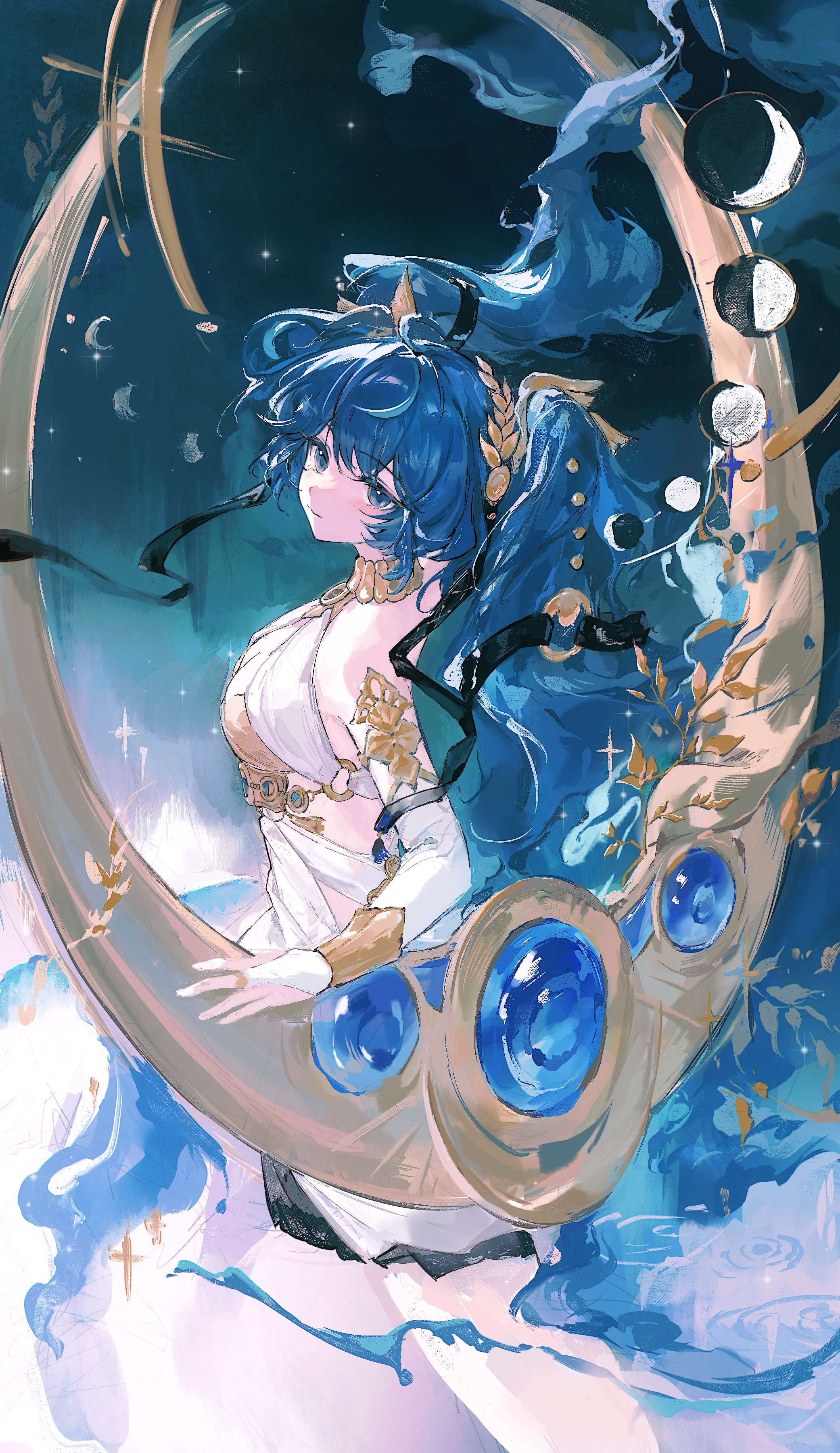 shaokao lajitong, iuno (wuthering waves), wuthering waves, absurdres, commentary, highres, 1girl, ahoge, ancient greek clothes, armlet, black skirt, blue eyes, blue hair, breasts, closed mouth, from side, gold bra, greco-roman clothes, jewelry, laurel crown, long hair, looking at viewer, looking to the side, medium breasts, skirt, smile, solo, twintails, vambraces