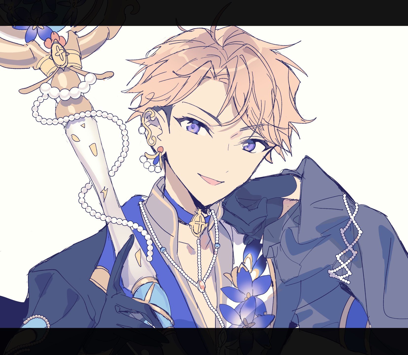 narukami arashi, ensemble stars!, commentary request, highres, 1boy, beads, black gloves, blonde hair, blue choker, choker, clenched hand, earrings, flower, gloves, hands up, jewelry, letterboxed, long sleeves, looking at viewer, male focus, mochiko (mochiko enst), official alternate costume, open mouth, purple eyes, short hair, simple background, solo