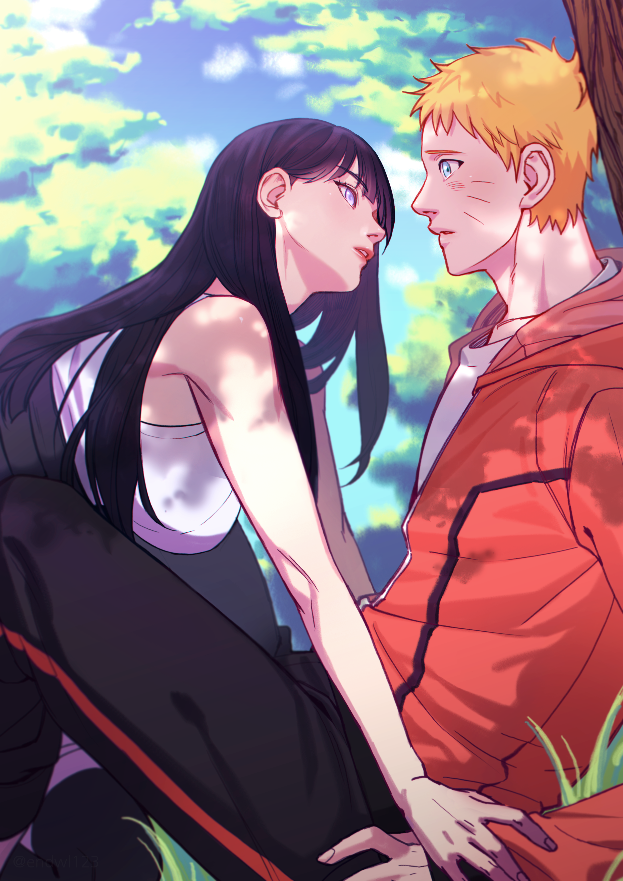 hyuuga hinata, uzumaki naruto, naruto: the last, naruto (series), absurdres, bad source, highres, 1boy, 1girl, against tree, black hair, black pants, blonde hair, blue eyes, breasts, facial mark, grass, hetero, hood, hoodie, large breasts, long hair, negeotibeu dungji, orange hoodie, pants, purple eyes, red lips, tree, tree shade, whisker markings