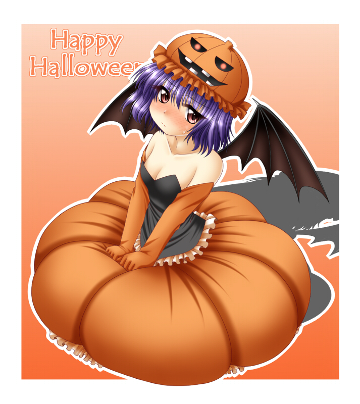 chitose (pixiv), kagura chitose, remilia scarlet, touhou, 1girl, blush, bubble skirt, costume, dress, female focus, halloween, happy halloween, hat, jack-o'-lantern, orange background, orange dress, pumpkin, pumpkin hat, skirt, solo, wings