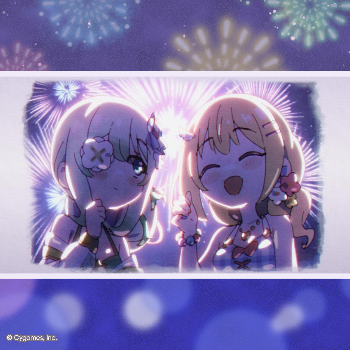 anemone (princess connect!), anemone (summer) (princess connect!), clear (princess connect!), clear (summer) (princess connect!), cygames, princess connect!, highres, official art, second-party source, 2girls, aerial fireworks, album cover, bare shoulders, bikini, blonde hair, closed eyes, collarbone, company name, copyright notice, cover, english text, fireworks, flower, flower eyepatch, green bikini, green eyes, hair flower, hair ornament, hairclip, heart, heart necklace, jewelry, multiple girls, necklace, night, night sky, open mouth, outdoors, plaid bikini, plaid clothes, sky, smile, swimsuit, upper body