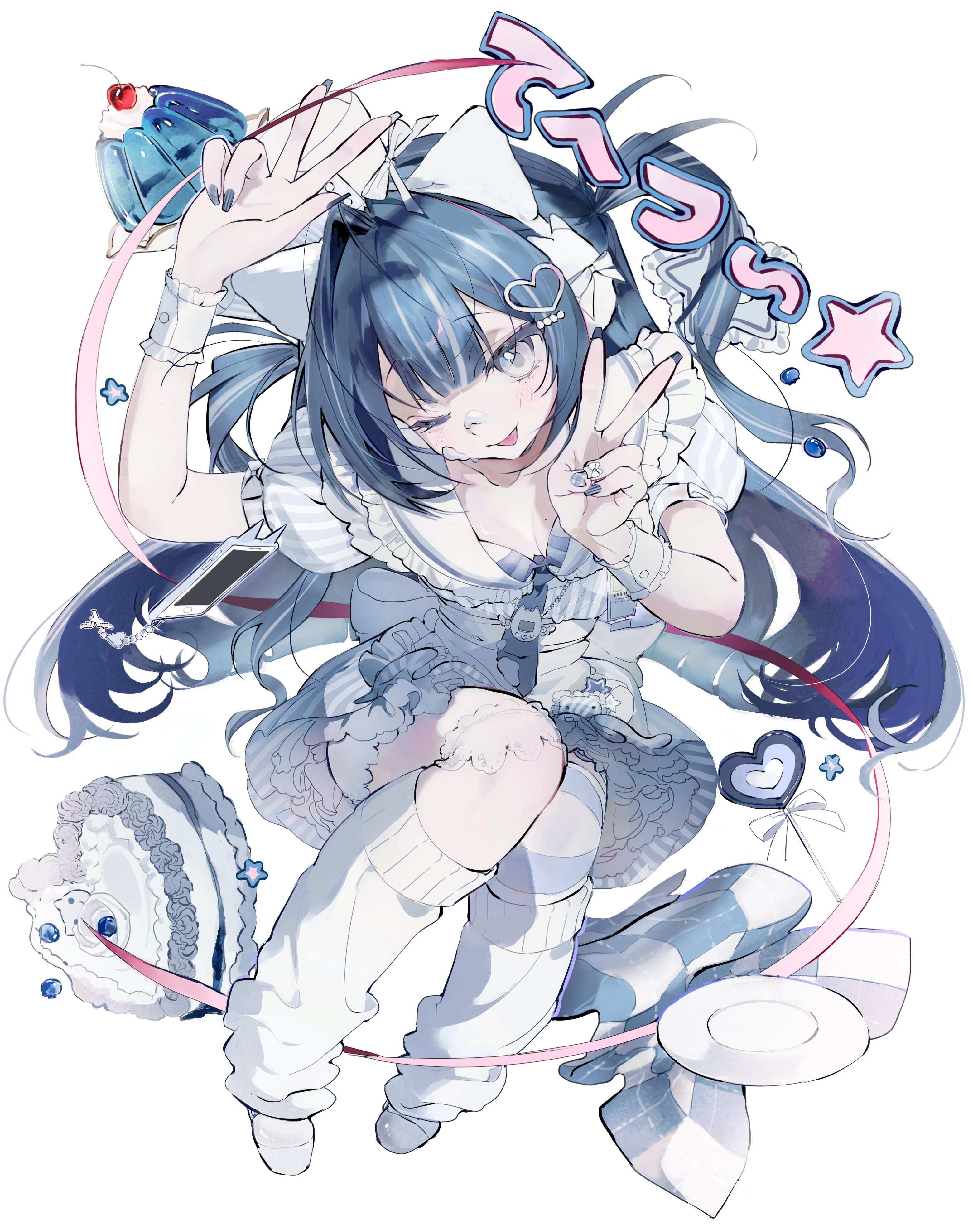 cat muno, original, absurdres, highres, 1girl, blue hair, blue nails, cake, dress, food, frilled dress, frilled wrist cuffs, frills, grey eyes, leg warmers, long hair, looking at viewer, nail polish, one eye closed, plate, puffy short sleeves, puffy sleeves, short sleeves, simple background, solo, tongue, v, white background, white dress, white leg warmers, wrist cuffs