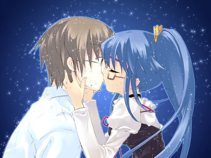 tsuwabuki masaharu, yuuki nona, nanatsuiro drops, 00s, 1boy, 1girl, blue hair, blue theme, brown eyes, brown hair, closed eyes, dress, glasses, hetero, kiss, long hair, ponytail, very long hair, water, water drop