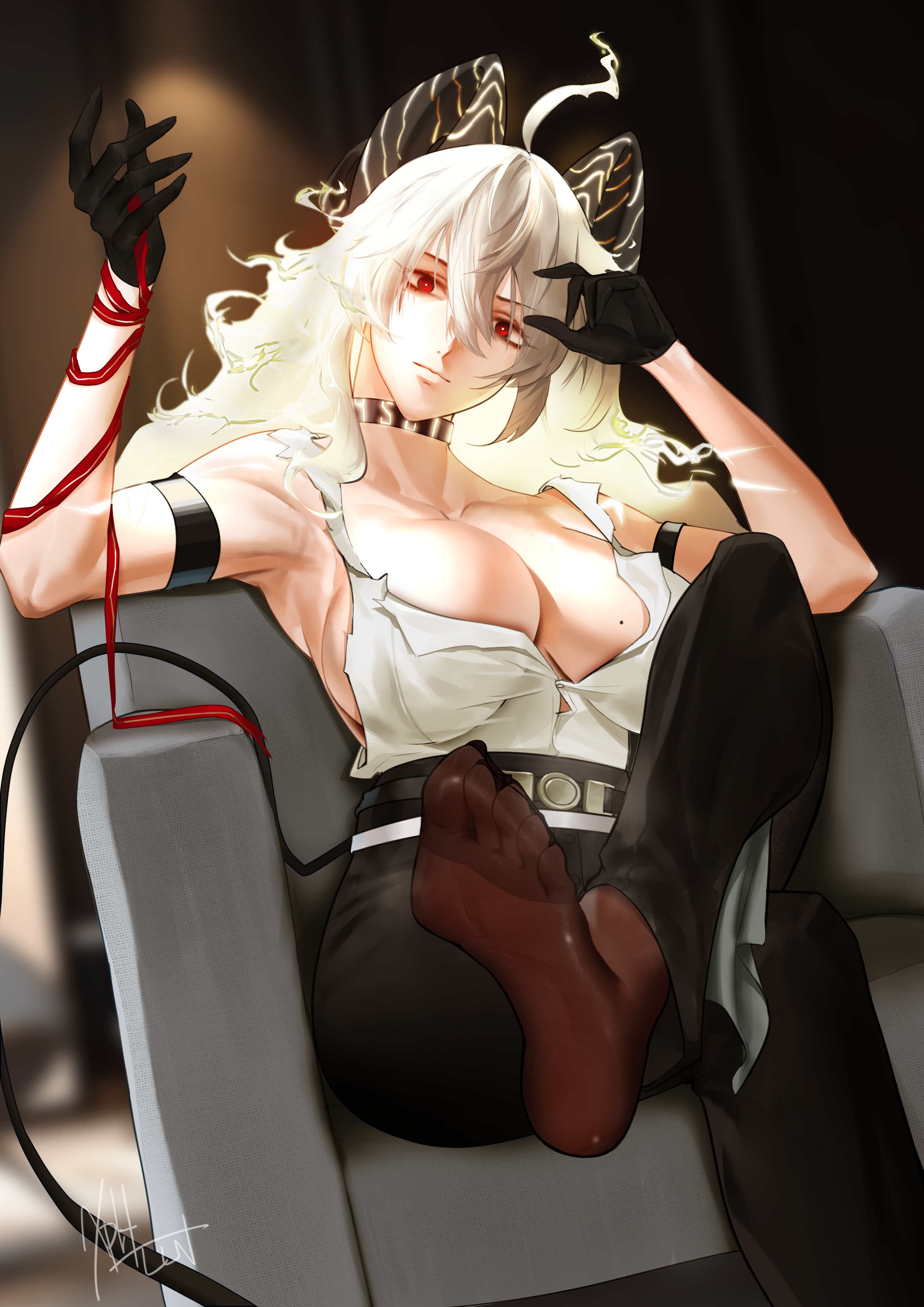 xphlln, zani (wuthering waves), wuthering waves, absurdres, commentary, highres, 1girl, ahoge, arm strap, bare shoulders, black choker, black gloves, black horns, black pants, black pantyhose, black tail, blonde hair, blurry, blurry background, breasts, chair, choker, closed mouth, crossed legs, curled horns, demon tail, feet, foot out of frame, gloves, hair between eyes, hands up, horns, large breasts, long hair, looking at viewer, mole, mole on breast, necktie, necktie around wrists, no shoes, on chair, pants, pantyhose, red eyes, red necktie, shirt, shirt tucked in, signature, sitting, soles, solo, tail, toes, torn clothes, torn shirt, white shirt