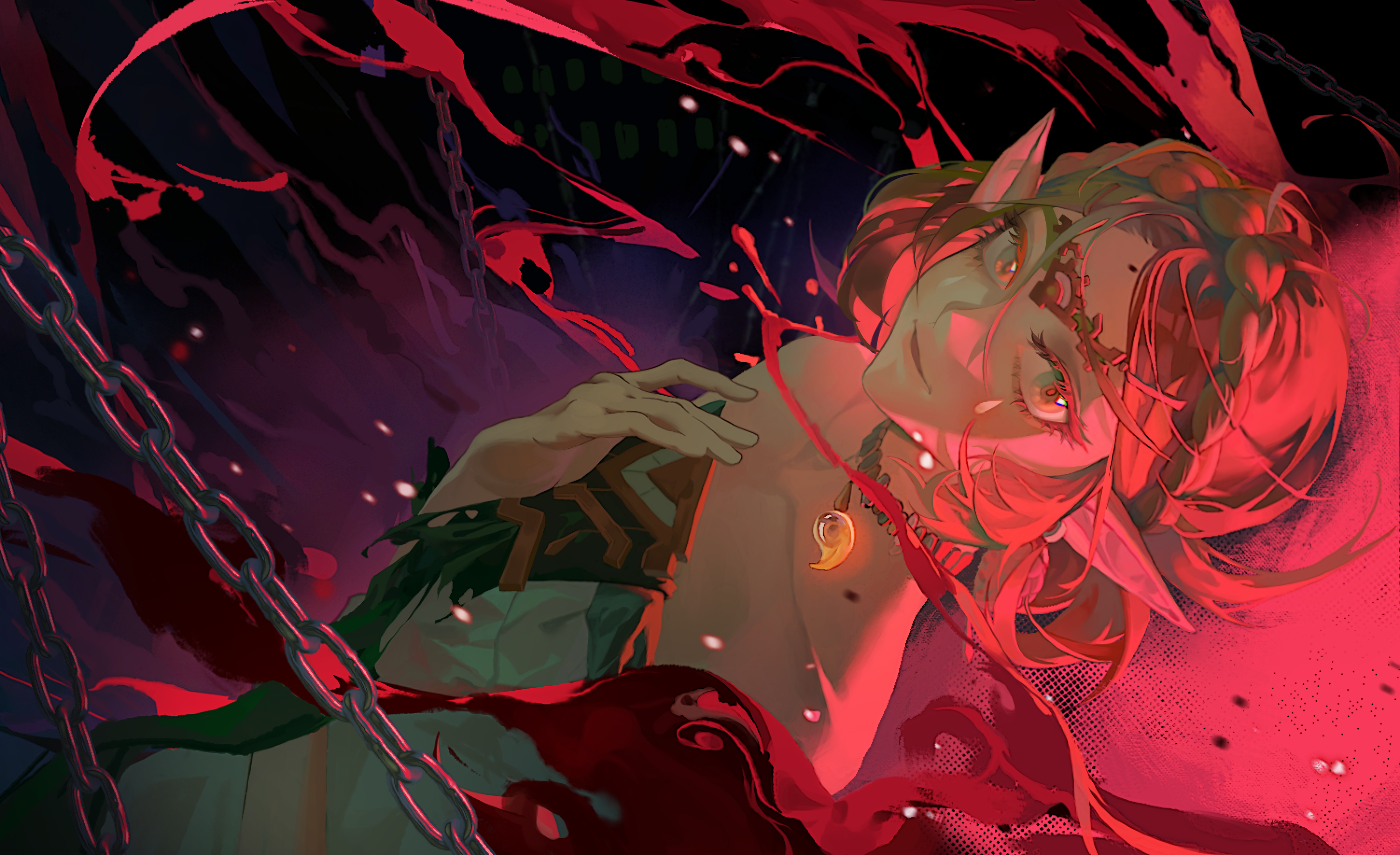 zxykiyou, princess zelda, nintendo, the legend of zelda, the legend of zelda: tears of the kingdom, commentary request, highres, 1girl, bare shoulders, blonde hair, braid, chain, circlet, collarbone, crown braid, dress, dutch angle, earrings, eyelashes, green eyes, hand on own chest, hand up, jewelry, light smile, looking at viewer, magatama, magatama necklace, necklace, parted hair, parted lips, pointy ears, short hair, solo, strapless, strapless dress, teardrop facial mark, upper body, white dress