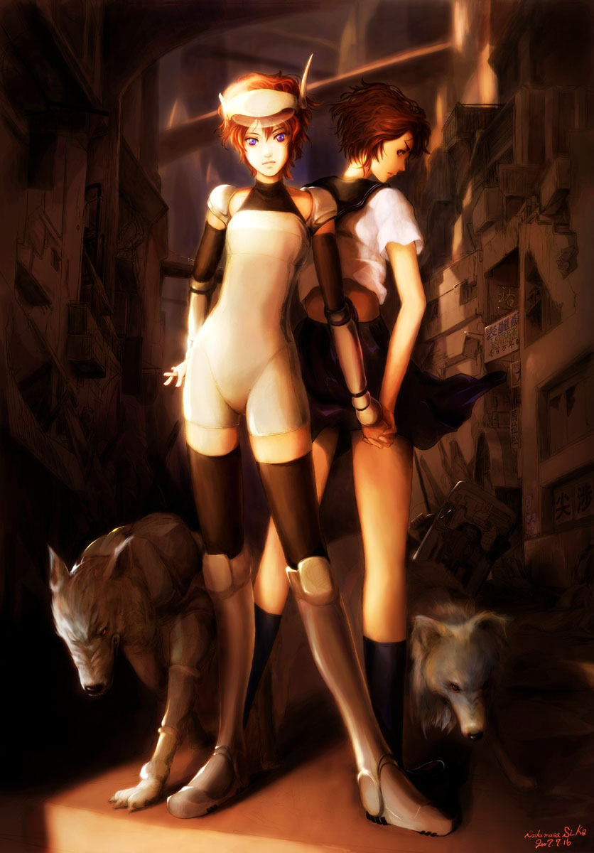 shiika sadamasa, original, bad id, bad pixiv id, highres, 2girls, brown hair, holding hands, multiple girls, purple eyes, red hair, school uniform, serafuku, short hair, standing, thighhighs, wolf