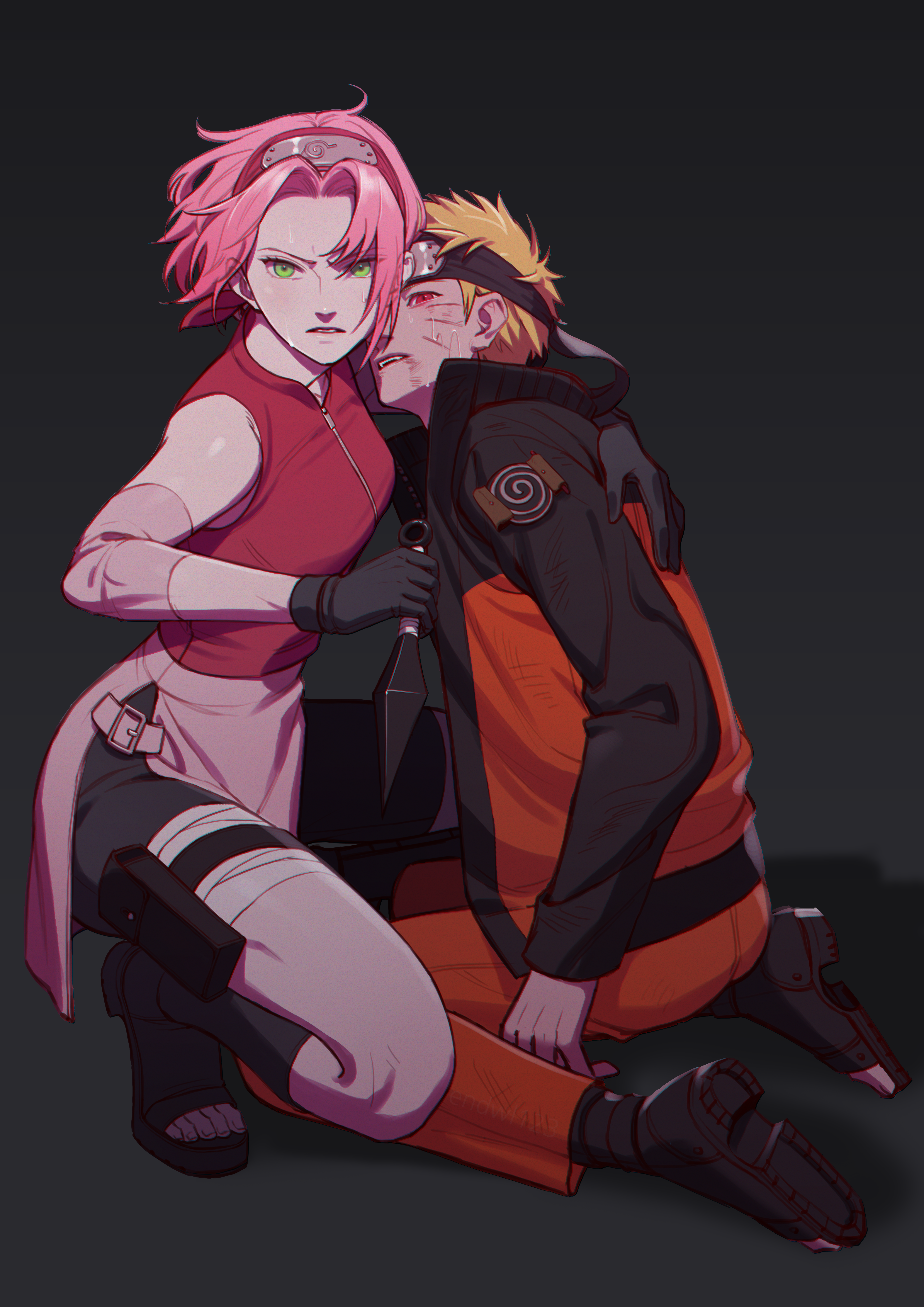 haruno sakura, uzumaki naruto, naruto (series), naruto shippuuden, absurdres, bad source, highres, 1boy, 1girl, bike shorts under skirt, black gloves, black headband, blonde hair, boots, breasts, bruise, bruise on face, facial mark, forehead protector, gloves, green eyes, hairband, headband, holding, holding kunai, holding weapon, injury, jacket, konohagakure symbol, kunai, medium breasts, negeotibeu dungji, open-toe boots, orange jacket, orange pants, pants, pink hair, red eyes, red hairband, red vest, reverse grip, sitting, squatting, vest, wariza, weapon, whisker markings