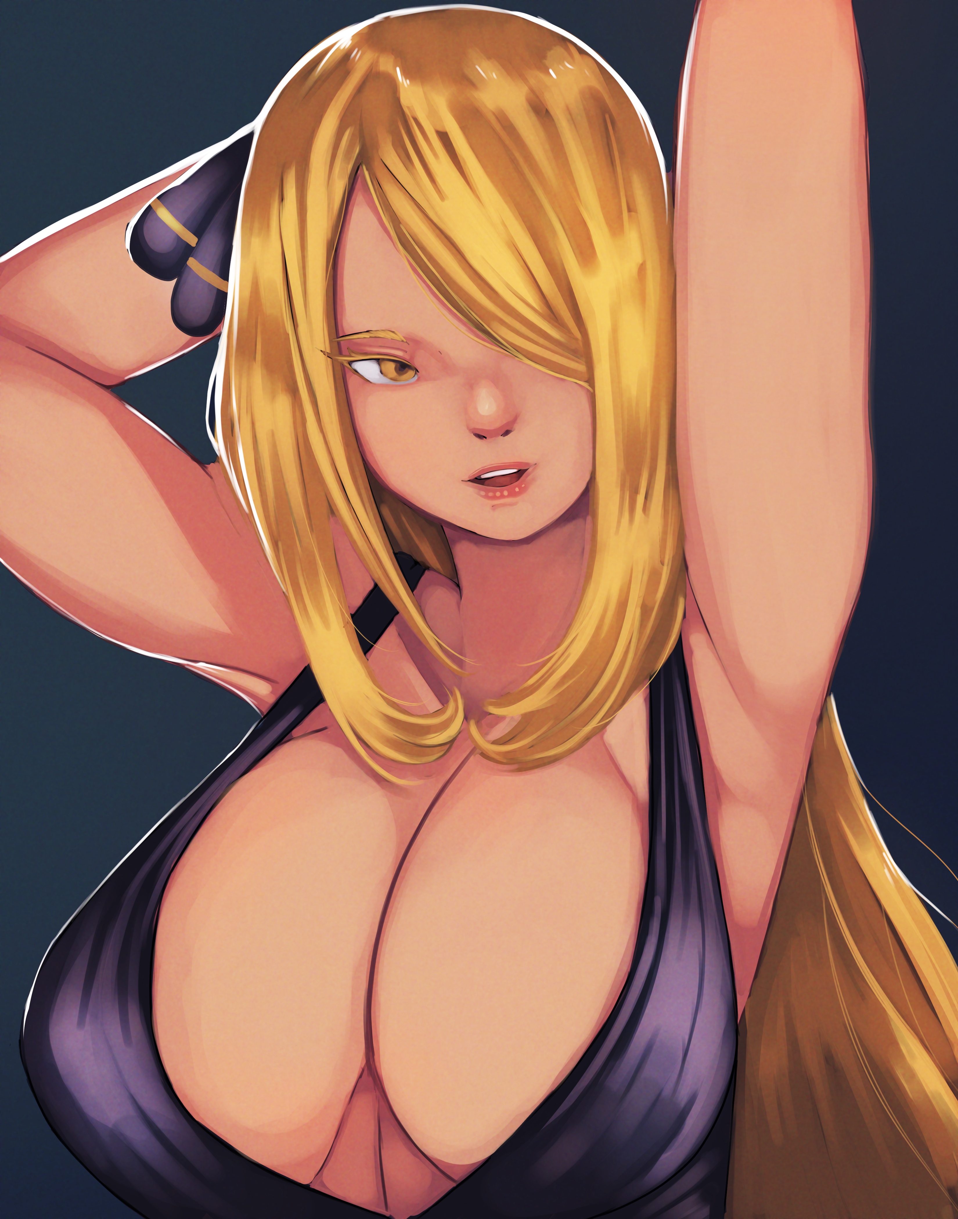 artistic madman, cynthia (pokemon), pokemon, pokemon dppt, 1girl, breasts, large breasts, long hair