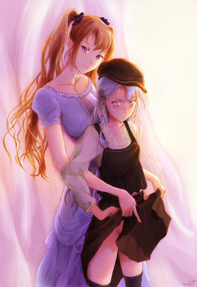 shiika sadamasa, original, 2girls, blue eyes, blue hair, brown hair, clothes lift, dress, hat, multiple girls, no panties, purple eyes, skirt, skirt lift, thighhighs, twintails