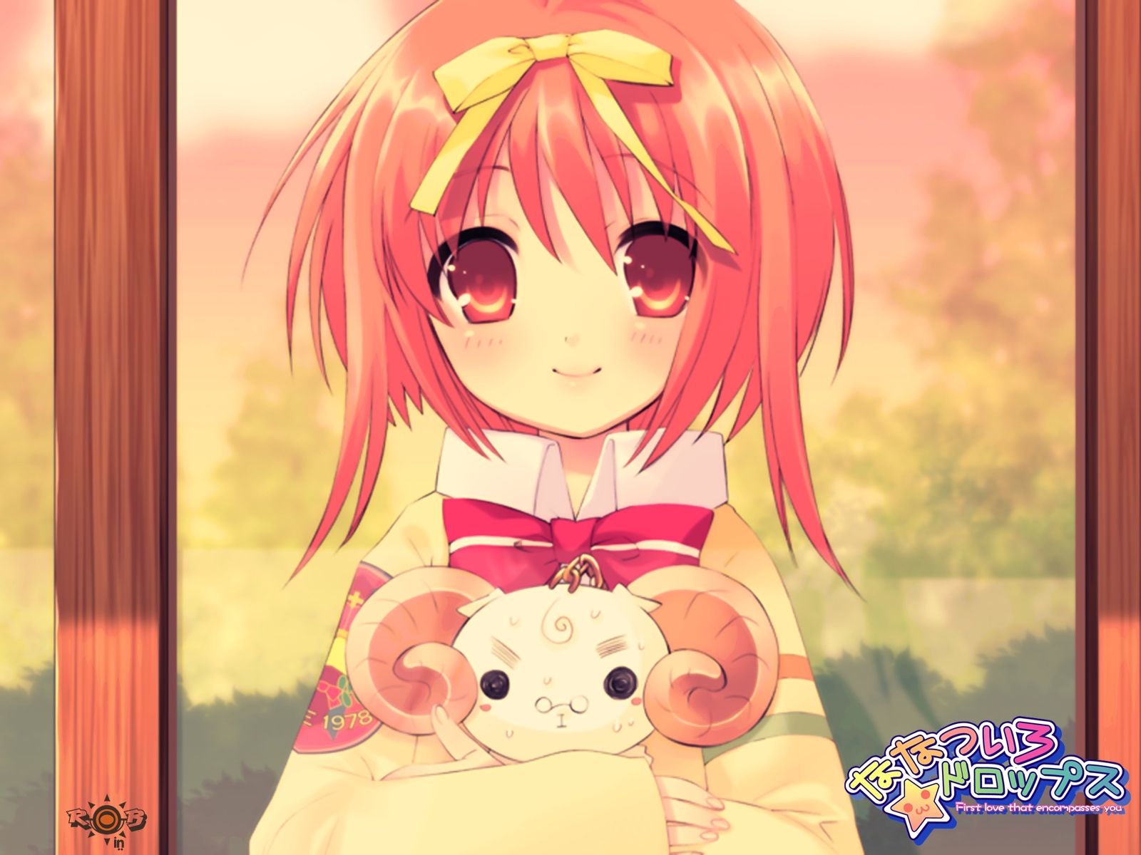 akihime sumomo, yuki-chan, nanatsuiro drops, highres, 00s, angry, glasses, hug, red eyes, red hair, ribbon, school uniform, serafuku, short hair, smile, solo, window