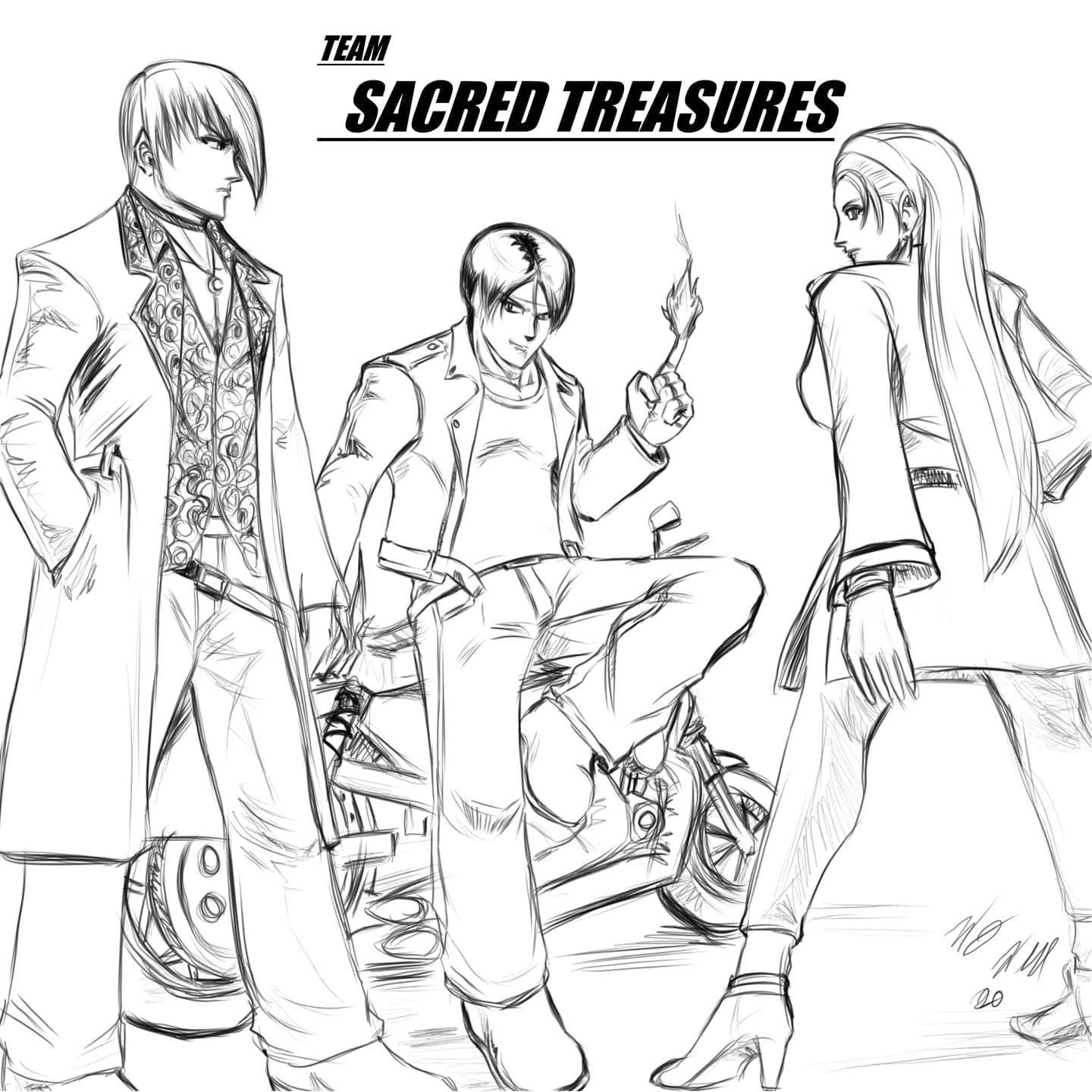 taurence bell, kagura chizuru, kusanagi kyou, yagami iori, the king of fighters, 1girl, belt, breasts, dress, formal clothes, hair ornament, hairband, large breasts, long hair, long sleeves, looking at viewer, looking back, pants, shoes, standing