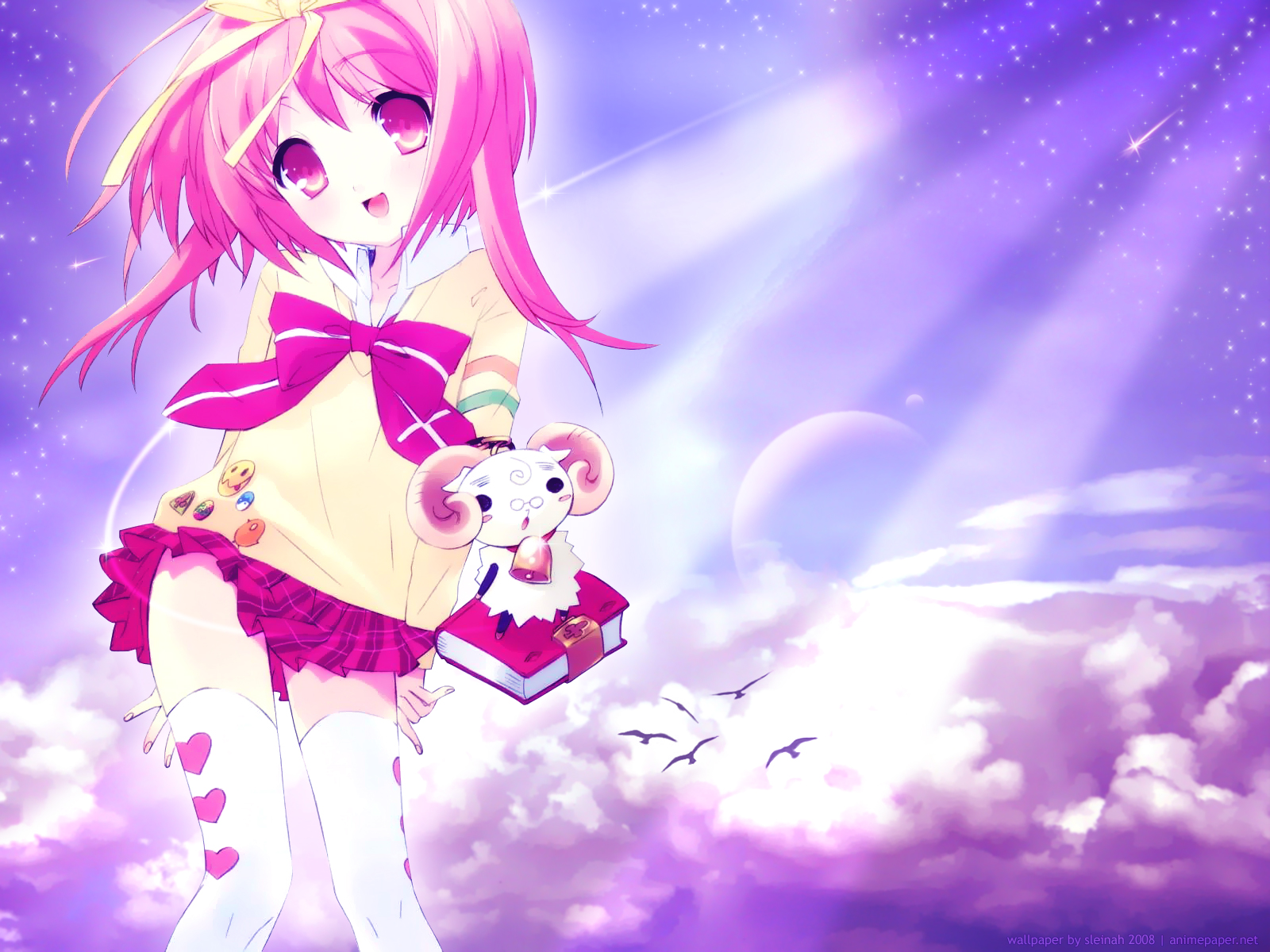 akihime sumomo, yuki-chan, nanatsuiro drops, highres, 00s, 1girl, bell, book, bow, cloud, collar, female focus, glasses, moon, neck bell, pin, pink eyes, pink hair, plaid clothes, plaid skirt, pleated skirt, ribbon, school uniform, serafuku, skirt, sky, smile, solo, star (sky), star (symbol), starry sky, thighhighs, wind