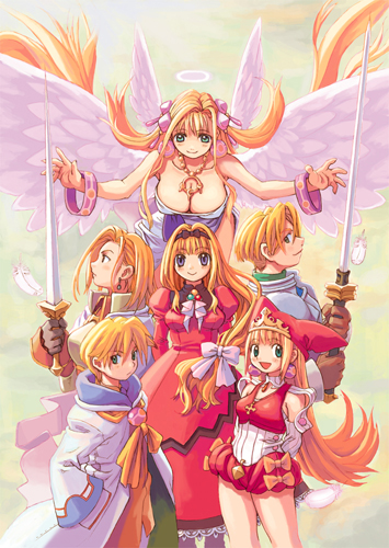 ryoji (nomura ryouji), cello (marl kingdom), cherie espoir, crea rosenqueen, princess kururu, randy (marl kingdom), sonia (marl kingdom), little princess, marl kingdom, nippon ichi, lowres, 2boys, 4girls, bow, breasts, dress, earrings, feathers, halo, hat, huge breasts, jewelry, large breasts, multiple boys, multiple girls, sword, weapon, wings