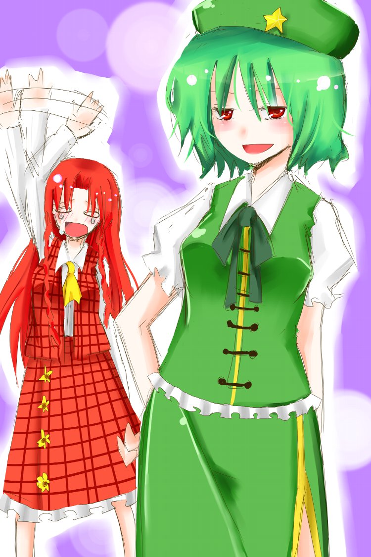 shari, hong meiling, kazami yuuka, touhou, non-web source, 2girls, ascot, blush, china dress, chinese clothes, cosplay, costume switch, dress, female focus, green hair, hat, hong meiling (cosplay), kazami yuuka (cosplay), long hair, multiple girls, plaid clothes, plaid skirt, plaid vest, red eyes, red hair, short hair, skirt, skirt set, tears, vest