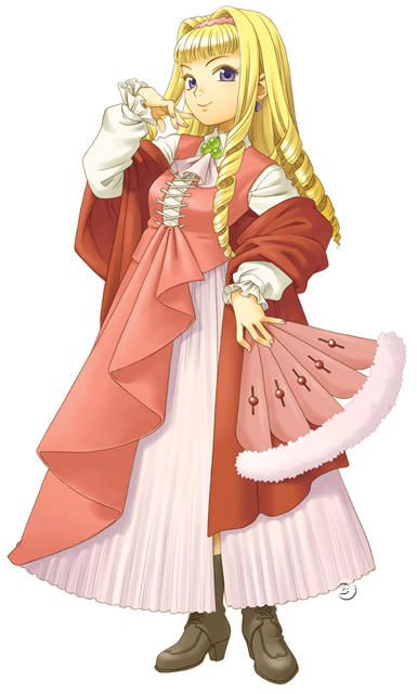 etoile rosenqueen, marl kingdom, nippon ichi, puppet princess (marl kingdom), 1girl, blonde hair, boots, breasts, dress, drill hair, female focus, hairband, hand fan, jewelry, long hair, purple eyes, smile, solo