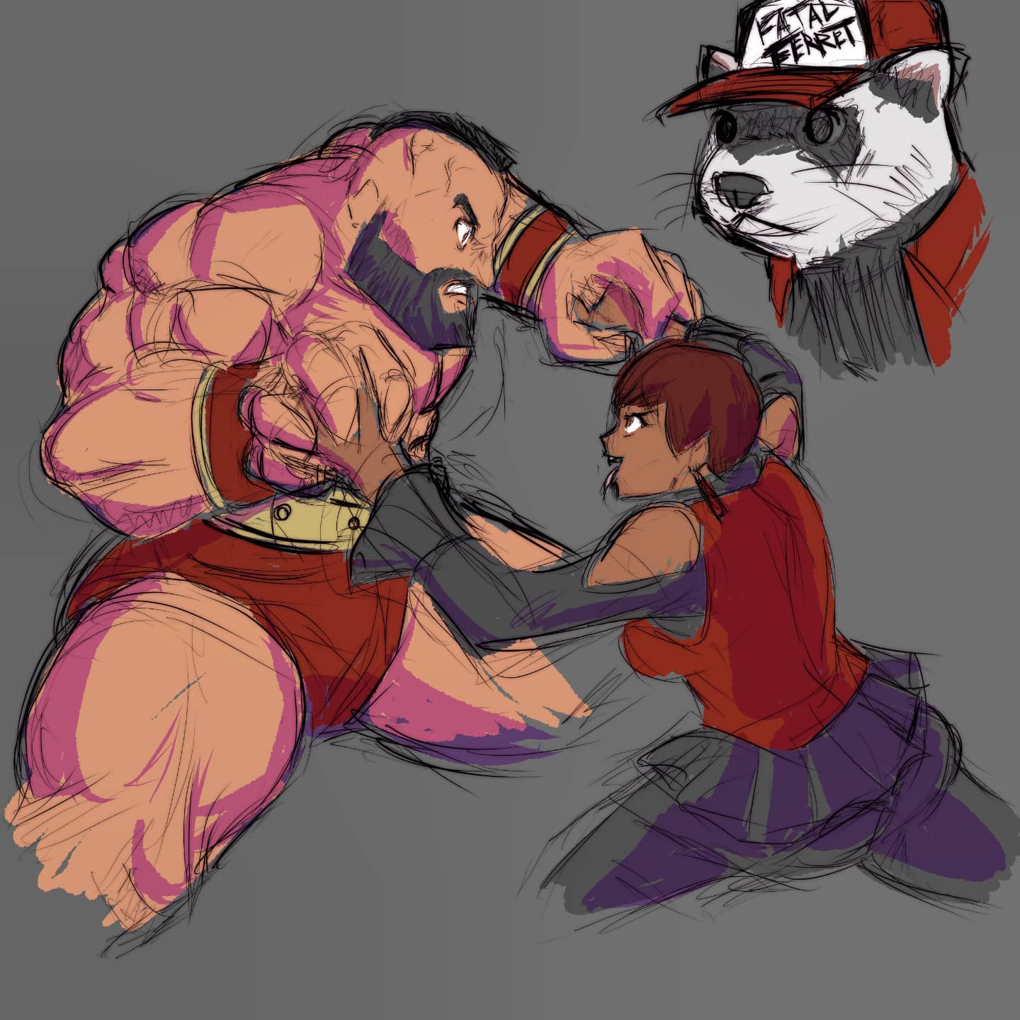 taurence bell, vice (kof), zangief, street fighter, the king of fighters, 1girl, ass, breasts, brown eyes, brown hair, dark-skinned female, dark skin, dress, earrings, female focus, ferret, formal clothes, holding hands, huge ass, huge breasts, jewelry, large breasts, pants, short hair, suit, tan, thick thighs, thighs, tongue, tongue out