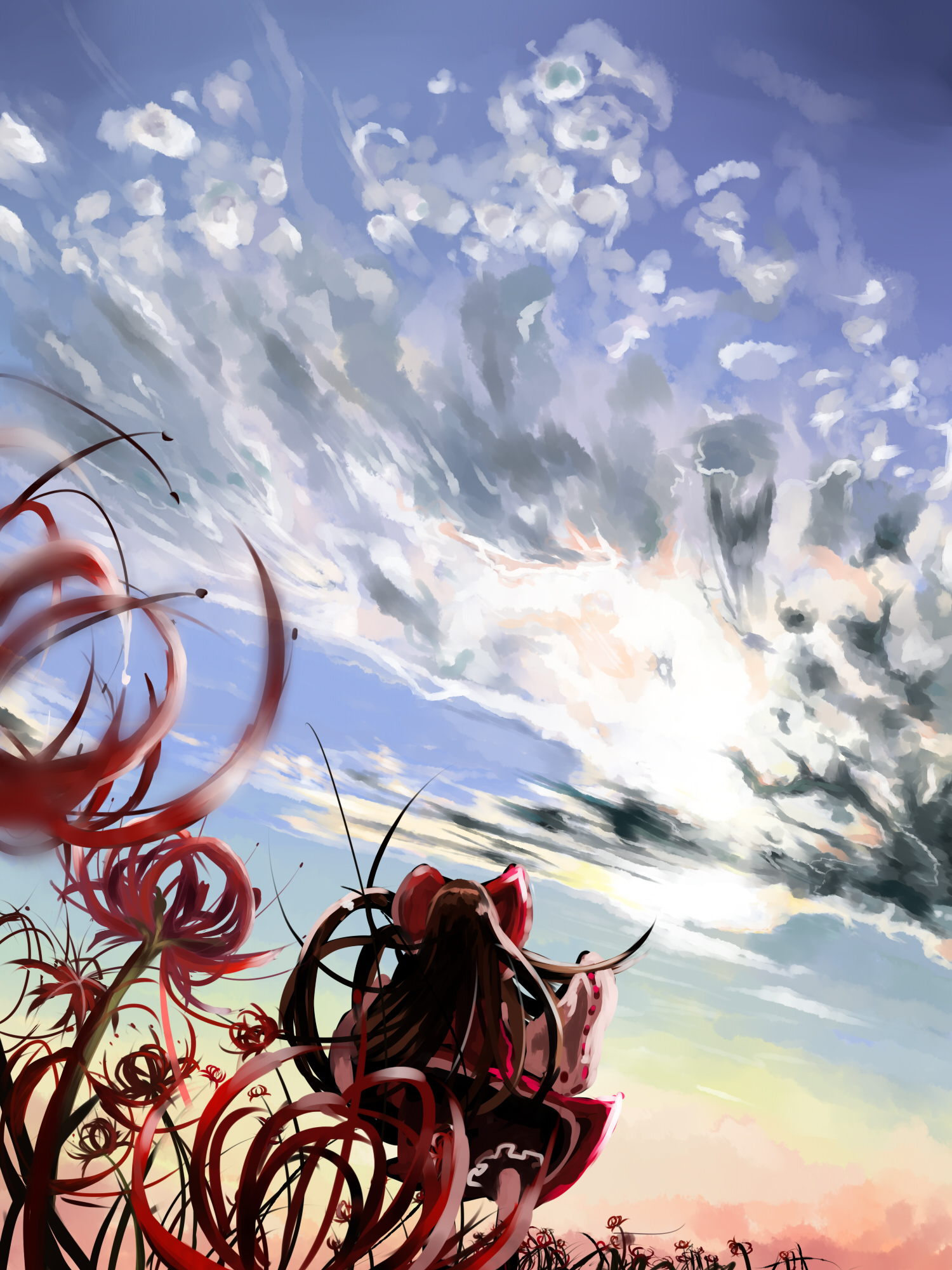 makai no juumin, hakurei reimu, touhou, bad id, bad pixiv id, highres, 1girl, bloomers, bow, brown hair, female focus, fisheye, flower, hair ribbon, long hair, nature, outdoors, plant, red flower, ribbon, sky, solo, spider lily, underwear