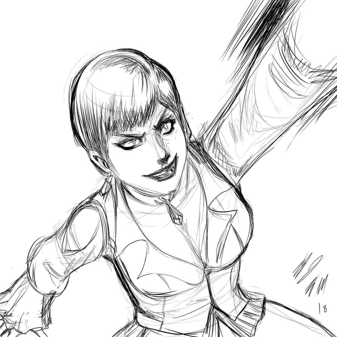 taurence bell, vice (kof), the king of fighters, 1girl, breasts, dress, female focus, formal clothes, hand up, jewelry, large breasts, long sleeves, short hair, smile, suit