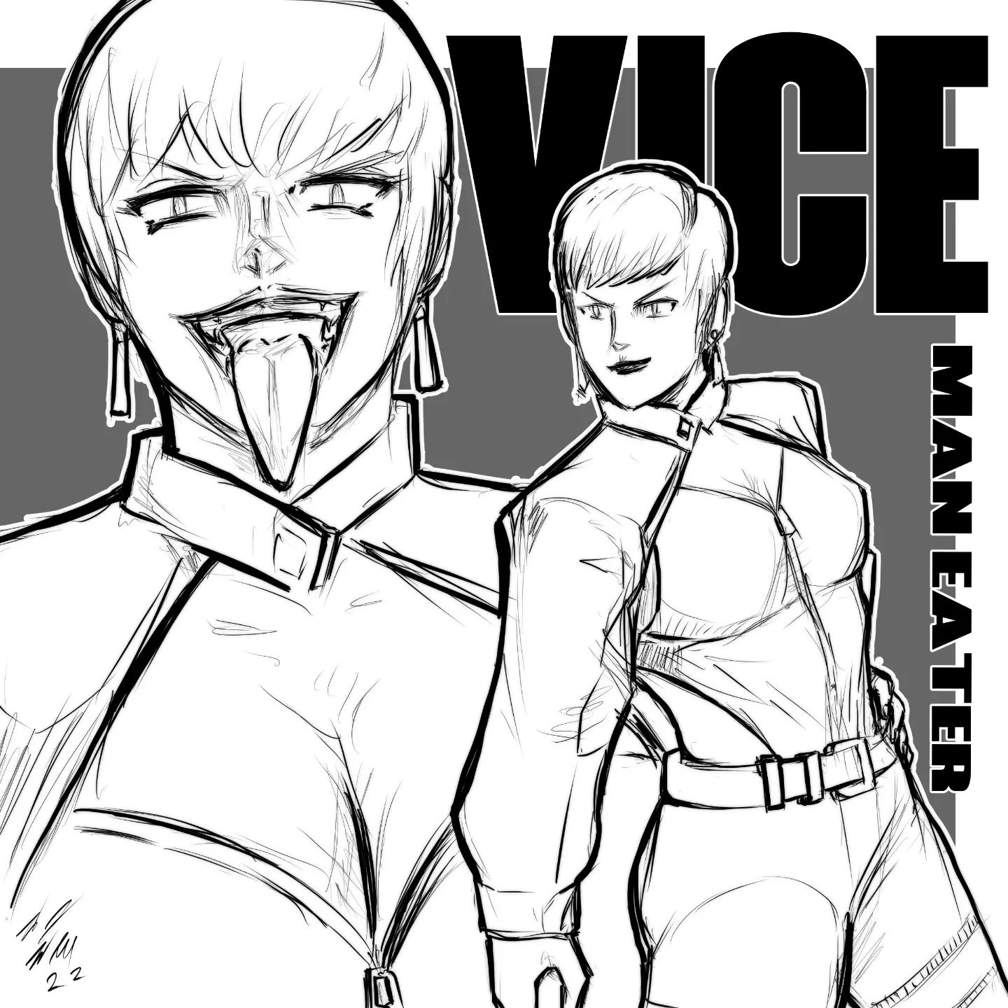 taurence bell, vice (kof), the king of fighters, 1girl, breasts, cleavage, earrings, female focus, hand on own hip, jacket, jewelry, large breasts, long sleeves, looking at viewer, open mouth, short hair, smile, smiley face, thick thighs, thighs, tongue, tongue out