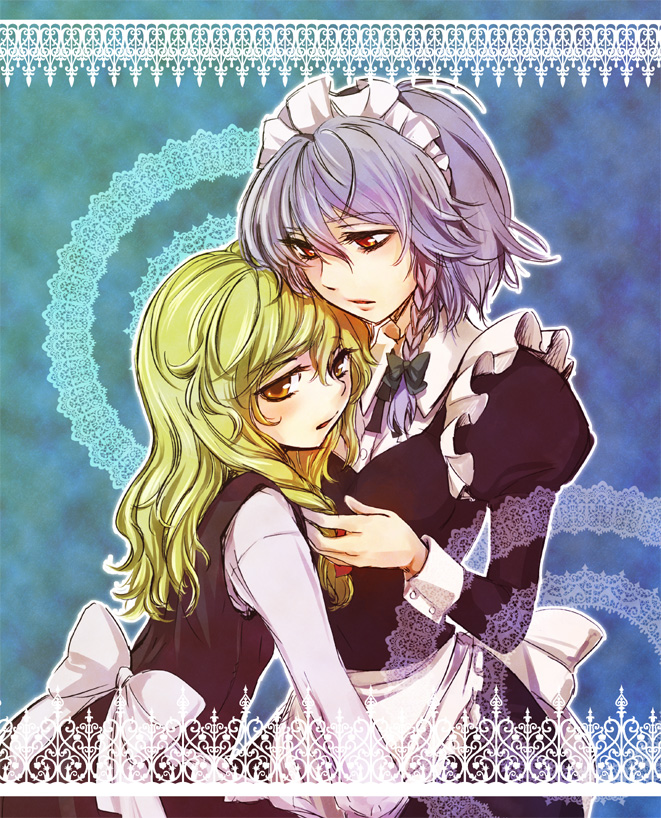 matilda (matildax), izayoi sakuya, kirisame marisa, embodiment of scarlet devil, touhou, silver hair, 2girls, blonde hair, bow, braid, female focus, hair ribbon, maid, multiple girls, red eyes, ribbon, yellow eyes