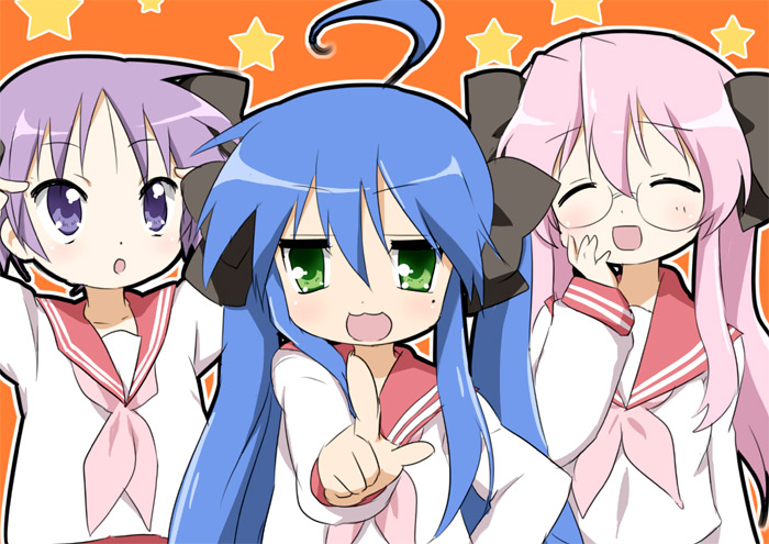maruki (punchiki), hiiragi tsukasa, izumi konata, takara miyuki, lucky star, bad id, bad pixiv id, 00s, 3girls, ahoge, blue hair, glasses, green eyes, long hair, mole, mole under eye, multiple girls, pink hair, pointing, purple eyes, purple hair, ribbon, school uniform, serafuku, short hair, twintails