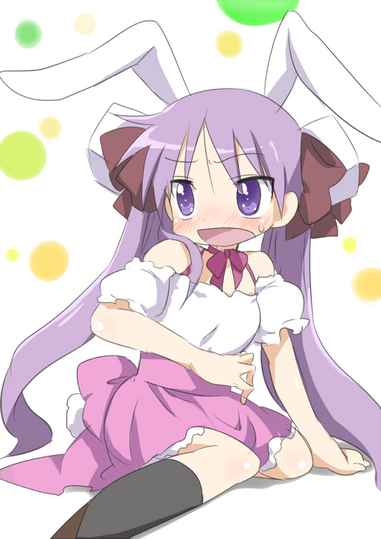 maruki (punchiki), hiiragi kagami, usada hikaru, di gi charat, lucky star, bad id, bad pixiv id, animal ears, cosplay, kneehighs, long hair, parody, purple hair, rabbit ears, ribbon, socks, solo, twintails, usada hikaru (cosplay)