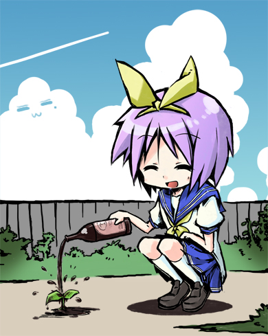 3speed, jiageya (atojian keikaku), hiiragi tsukasa, izumi konata, lucky star, lowres, 00s, 1girl, balsamic vinegar, cloud, day, female focus, purple hair, ribbon, school uniform, serafuku, short hair, sky, solo