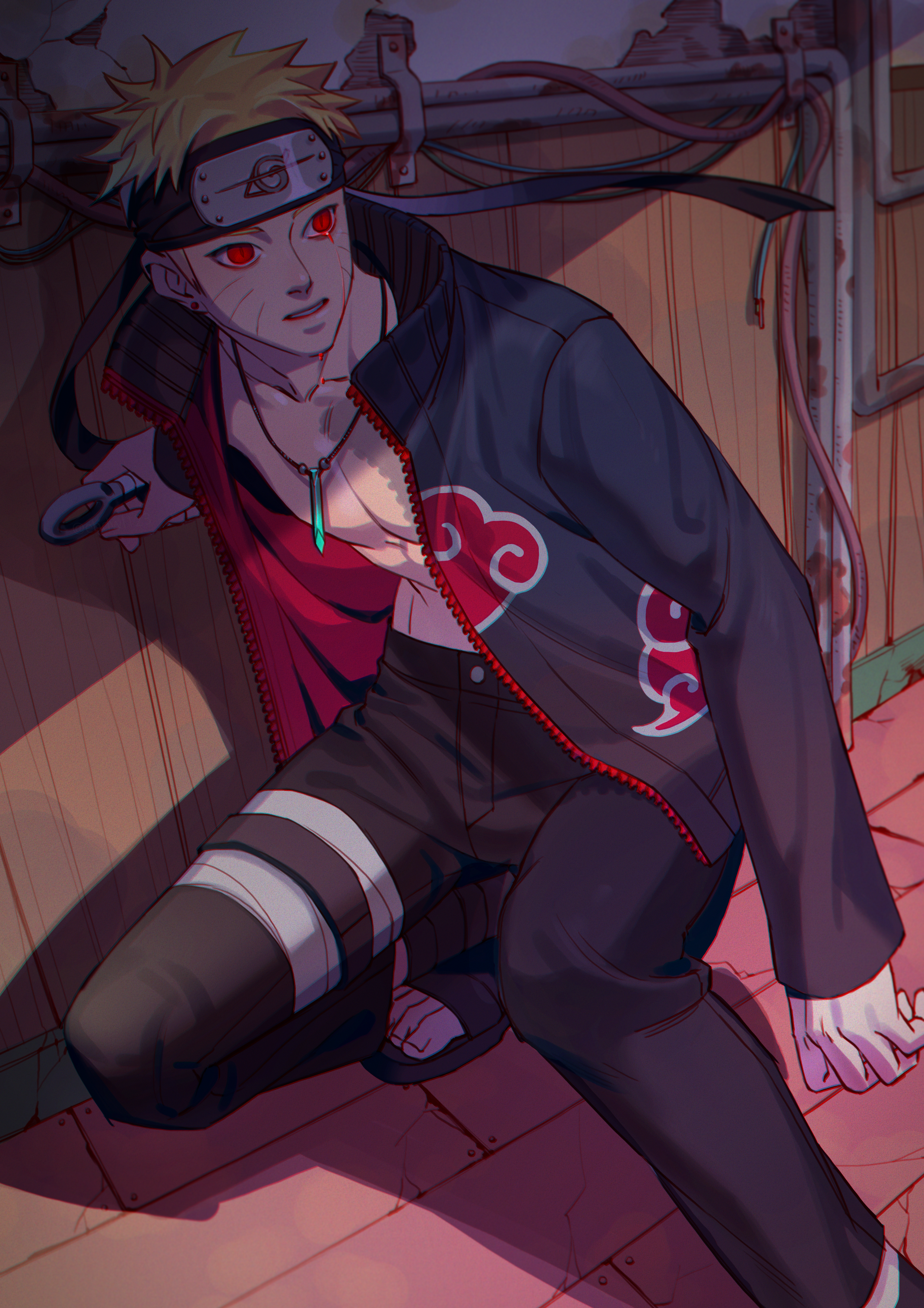 uzumaki naruto, naruto (series), naruto shippuuden, absurdres, bad source, highres, 1boy, akatsuki uniform, alternate universe, bare pectorals, black headband, black pants, blonde hair, blood, bloody tears, facial mark, forehead protector, headband, holding, holding kunai, holding weapon, jewelry, kunai, male focus, necklace, negeotibeu dungji, open-toe shoes, pants, pectorals, red eyes, reverse grip, solo, squatting, weapon, whisker markings