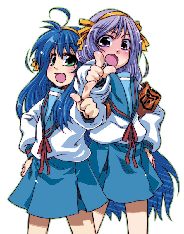 takanashi ringo, hiiragi kagami, hirano aya, izumi konata, suzumiya haruhi, lucky star, suzumiya haruhi no yuuutsu, 2girls, ahoge, armband, blue eyes, blue hair, cosplay, green eyes, hairband, long hair, mole, mole under eye, multiple girls, pointing, purple hair, school uniform, serafuku, suzumiya haruhi (cosplay), voice actor connection