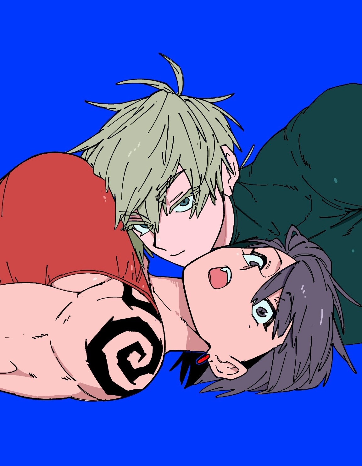 peke07777, bax (peke07777), kirima (peke07777), original, highres, 2girls, :o, biceps, blonde hair, brown eyes, brown hair, deltoids, earrings, fang, green eyes, jewelry, lying, multiple girls, muscular, muscular female, open mouth, red tank top, short hair, shoulder tattoo, skin tight, smirk, tank top, tattoo