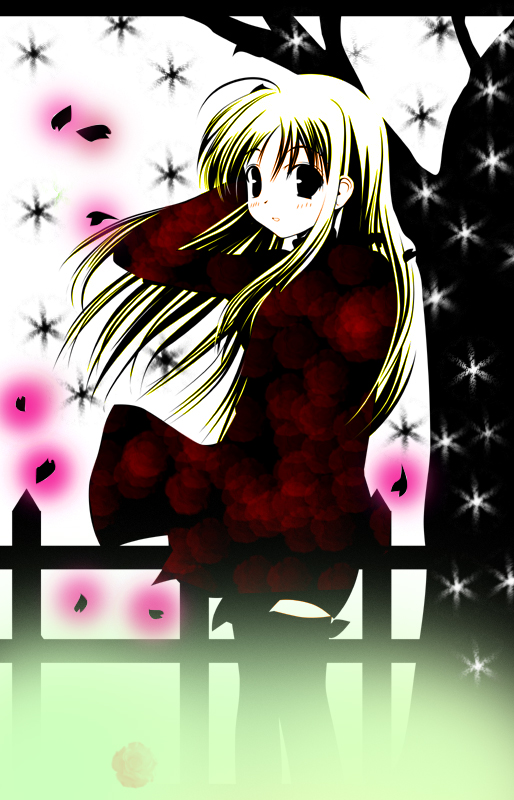 tagme, third-party edit, blonde hair, flower, monochrome, rose, solo, wind