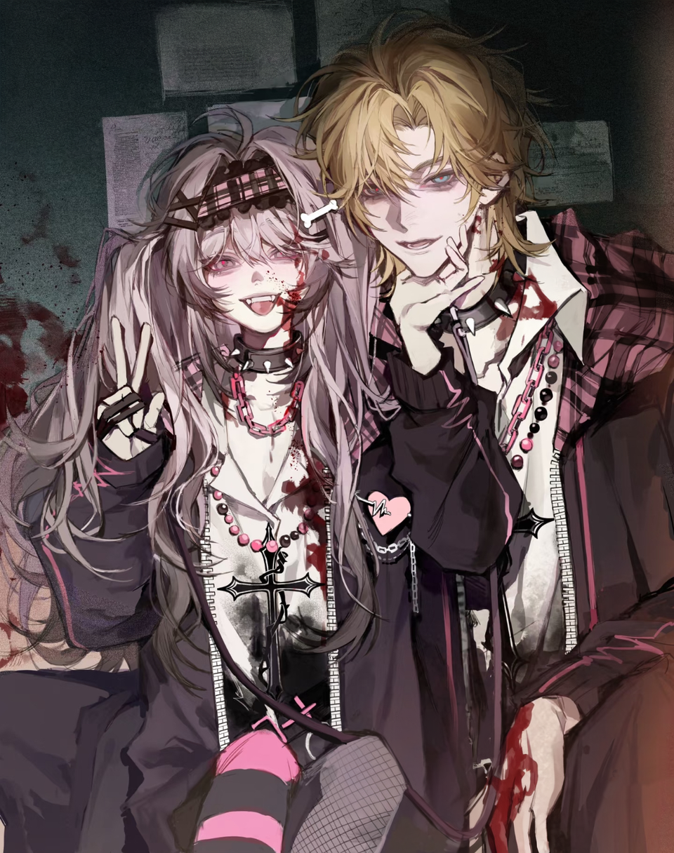 zhishiwan, original, highres, 1boy, 1girl, asymmetrical legwear, bags under eyes, black hoodie, black jacket, blonde hair, blood, blood on clothes, blood on face, chain, chain necklace, choker, collar, collared shirt, couple, cross, ear piercing, evil smile, fangs, fingerless gloves, gloves, grey hair, hand on own chin, headband, hood, hoodie, indoors, jacket, jewelry, layered clothes, long hair, looking at viewer, low twintails, messy hair, mismatched legwear, necklace, open mouth, pendant, piercing, pink shirt, plaid clothes, plaid jacket, red eyes, shirt, short hair, simple background, sketch, smile, smirk, spiked choker, spiked collar, spikes, striped clothes, striped thighhighs, thighhighs, tongue, tongue out, twintails, upper body, v, white shirt