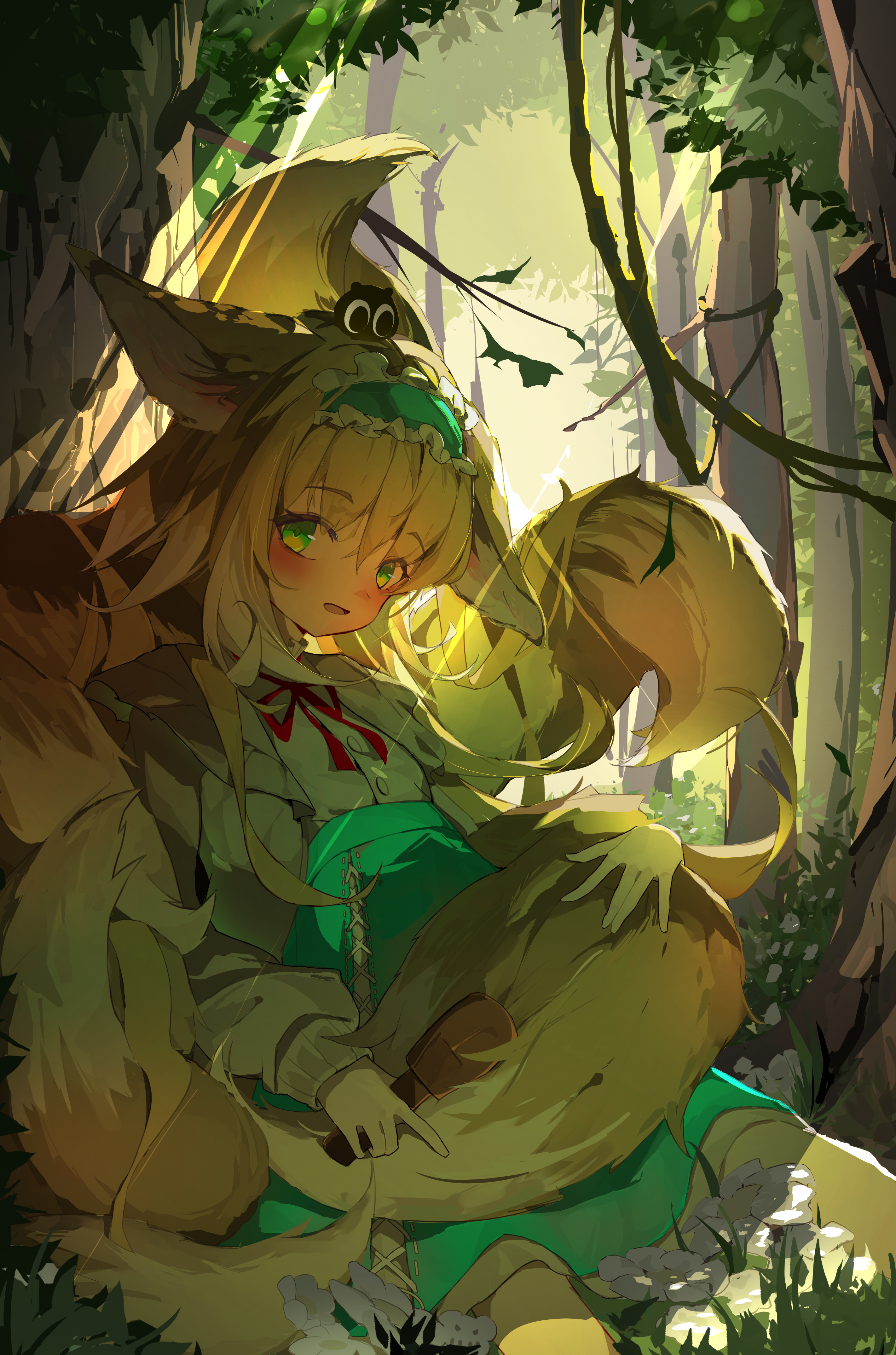 bloneck, suzuran (arknights), suzuran (spring praise) (arknights), arknights, absurdres, chinese commentary, commentary, highres, 1girl, animal ears, blonde hair, brushing tail, fox ears, fox girl, fox tail, frills, green eyes, hairband, kitsune, kyuubi, long hair, long sleeves, multiple tails, neck ribbon, official alternate costume, red ribbon, ribbon, skirt, solo, tail