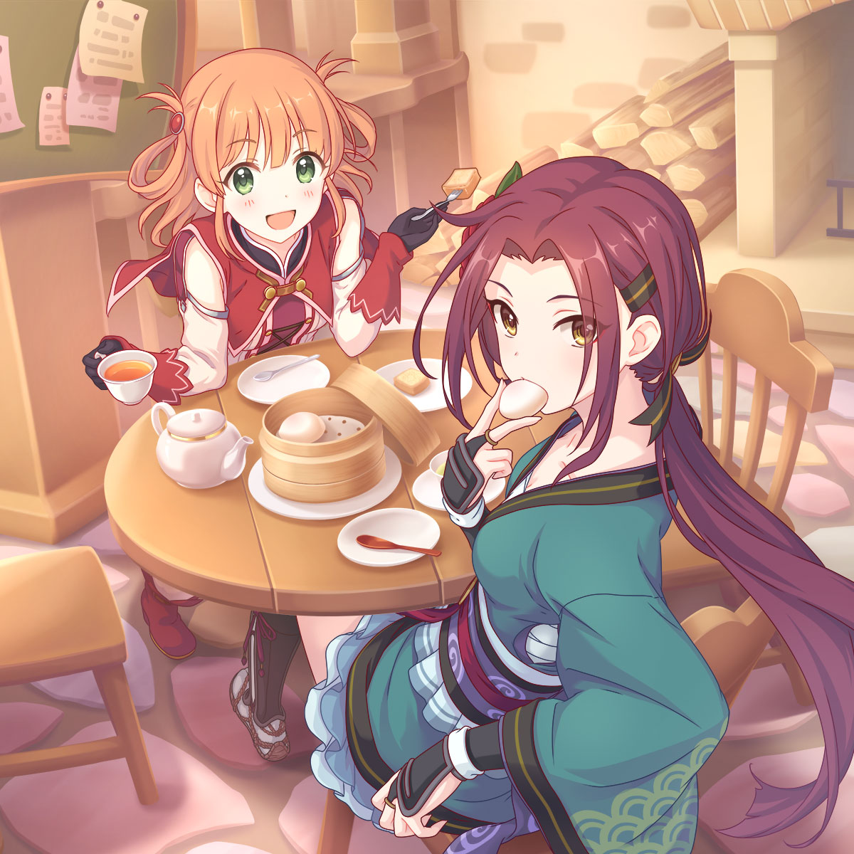rino (princess connect!), ruka (princess connect!), cygames, princess connect!, highres, official art, 2girls, :d, album cover, black gloves, blush, breasts, brown hair, chair, cover, cup, english text, fork, gloves, green eyes, green kimono, holding, holding cup, holding fork, indoors, japanese clothes, kimono, long hair, looking at viewer, looking back, medium breasts, multiple girls, on chair, open mouth, parted bangs, plate, ponytail, red hair, sitting, smile, spoon, table, teacup, turning head, yellow eyes