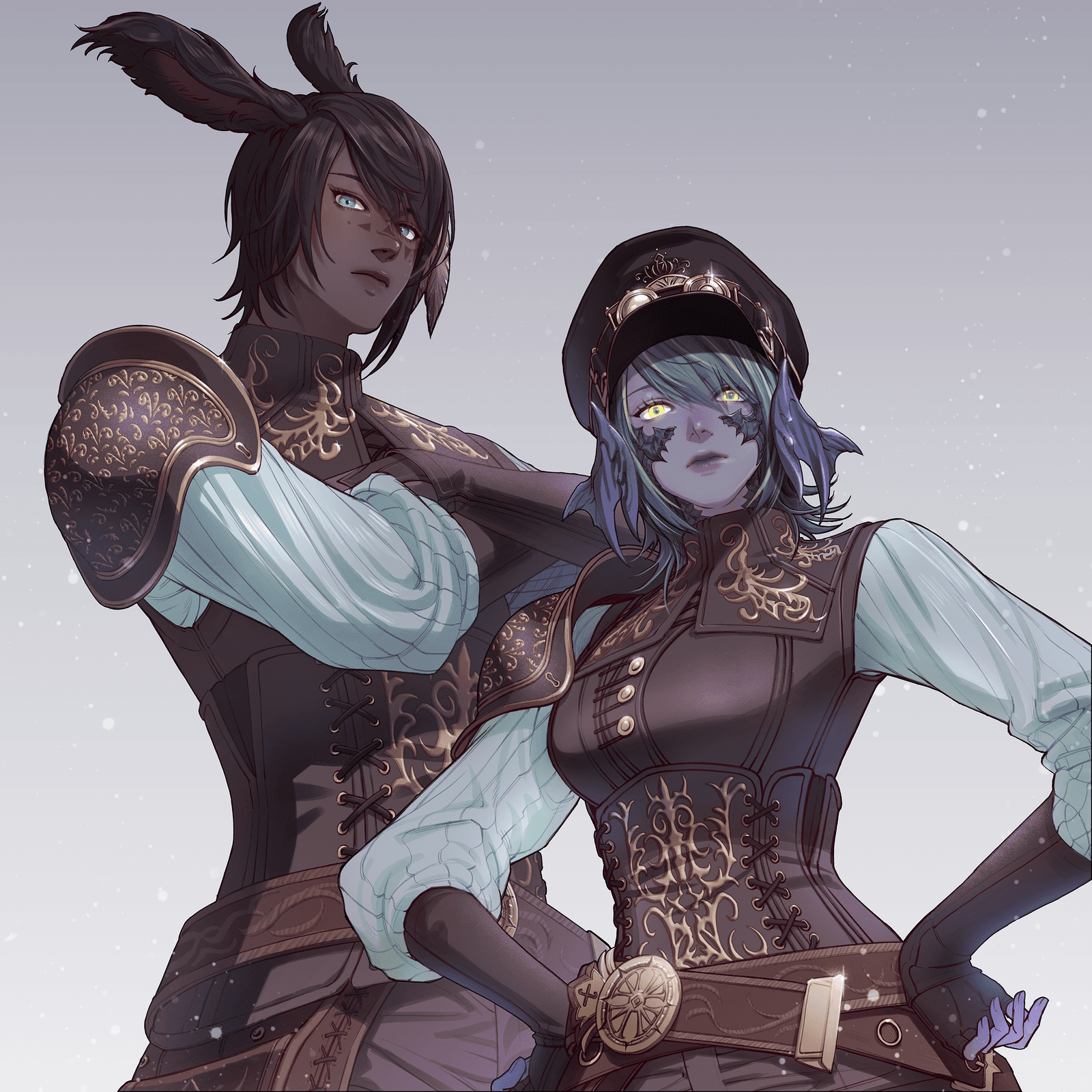 warrior of light (ff14), final fantasy, final fantasy xiv, bad source, highres, androgynous, animal ears, au ra, black hair, black scales, blue eyes, breasts, brown gloves, colored skin, corset, crossed arms, dark-skinned male, dark skin, dragon horns, fingerless gloves, gloves, grey hair, hands on own hips, hat, horns, medium breasts, negeotibeu dungji, purple skin, rabbit ears, scales, single shoulder pad, very dark skin, viera, yellow eyes