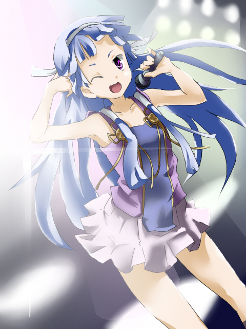 hatsumic, nagi, kannagi, bad id, bad pixiv id, 00s, 1girl, blue hair, blunt bangs, female focus, hair tubes, long hair, microphone, music, one eye closed, pleated skirt, singing, skirt, solo, white skirt, wink
