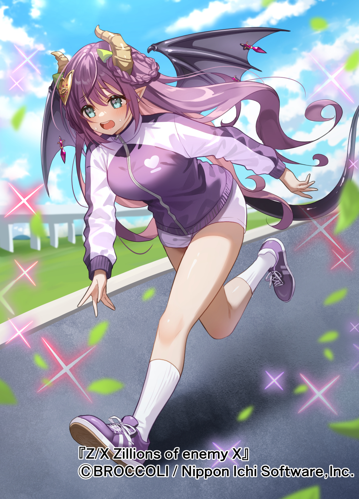 sakofu, z/x, highres, official art, 1girl, aqua eyes, blue sky, braid, braided hair rings, brown horns, cloud, cloudy sky, copyright notice, demon girl, demon horns, demon tail, demon wings, floating hair, hair ornament, hair rings, heart, heart print, horns, jacket, leaf, long hair, open mouth, outdoors, pointy ears, purple hair, purple jacket, purple shoes, road, shoes, short shorts, shorts, sky, socks, solo, sparkle, street, sweatdrop, tail, teeth, track jacket, ugly (z/x), upper teeth only, very long hair, walking, white shorts, white socks, wings