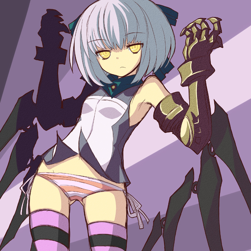 ame no hi, armpits, bare shoulders, gauntlets, midriff, panties, short hair, side-tie panties, solo, striped clothes, striped panties, striped thighhighs, thighhighs, underwear, white hair, yellow eyes