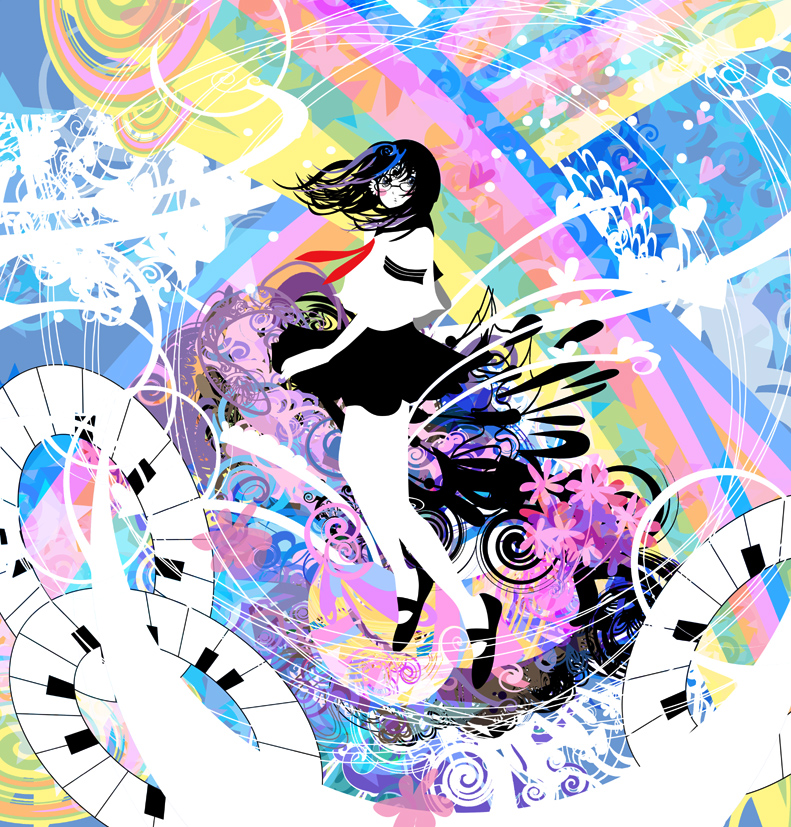 kazaana, abstract, colorful, glasses, instrument, piano, rainbow, school uniform, serafuku, solo