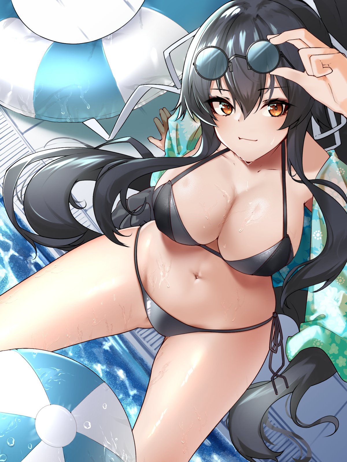 z (knkr1025), yahagi (kancolle), kantai collection, highres, 1girl, adjusting eyewear, alternate costume, ball, beachball, between legs, bikini, black bikini, black hair, breasts, cleavage, closed mouth, from above, groin, hair ribbon, large breasts, long hair, long sidelocks, looking at viewer, navel, orange eyes, ponytail, poolside, ribbon, sidelocks, sitting, smirk, solo, spread legs, stomach, sunglasses, swim ring, swimsuit, thighs, white ribbon