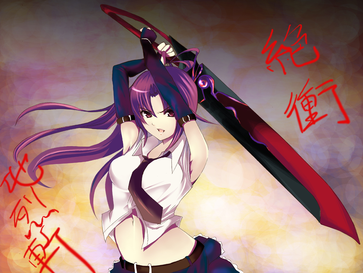 riochan, 1girl, female focus, long hair, ponytail, solo, sword, weapon