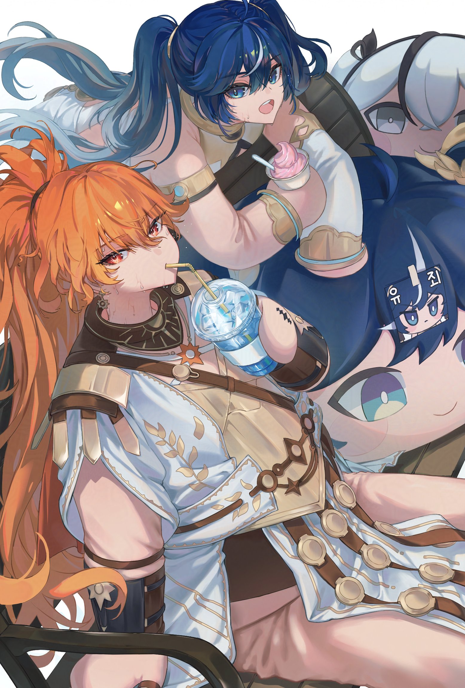 nininininil, augusta (wuthering waves), camellya (wuthering waves), iuno (wuthering waves), wuthering waves, commentary, hashtag-only commentary, highres, 3girls, alternate hairstyle, ancient greek clothes, arm armor, armor, blue eyes, blue hair, breastplate, cup, dress, drinking, drinking straw, drinking straw in mouth, food, gradient hair, greco-roman clothes, hair between eyes, holding, holding cup, ice cream, long hair, looking at viewer, mascot costume, mascot head, multicolored hair, multiple girls, open mouth, orange eyes, orange hair, ponytail, simple background, sitting, smile, soft serve, streaked hair, sweat, tacet mark (wuthering waves), twintails, white background, white dress