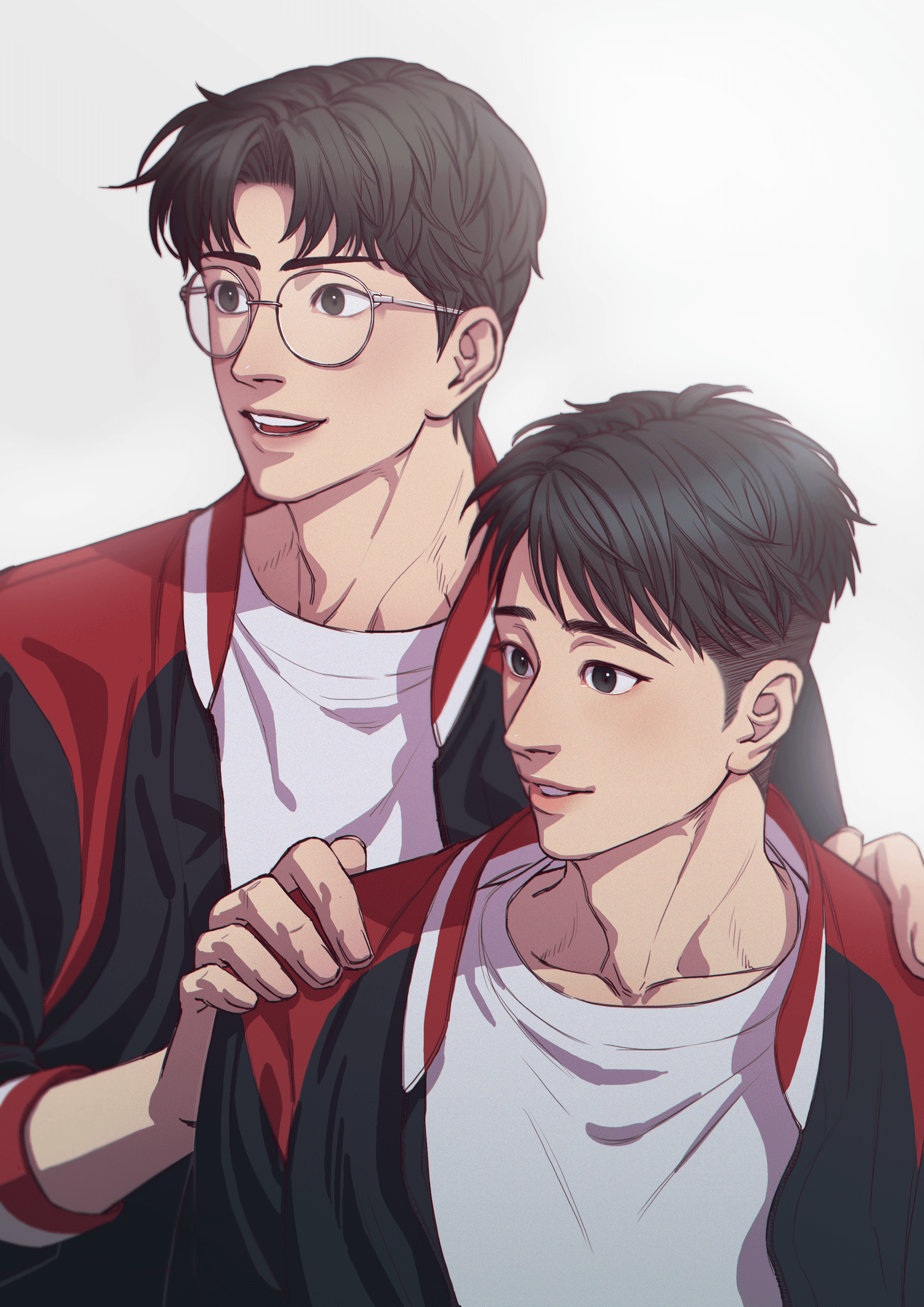 kogure kiminobu, yasuda yasuharu, slam dunk (series), bad source, highres, 2boys, black eyes, black hair, collarbone, glasses, hands on another's shoulders, height difference, jacket, male focus, multiple boys, negeotibeu dungji, open mouth, shirt, smile, undercut, white shirt