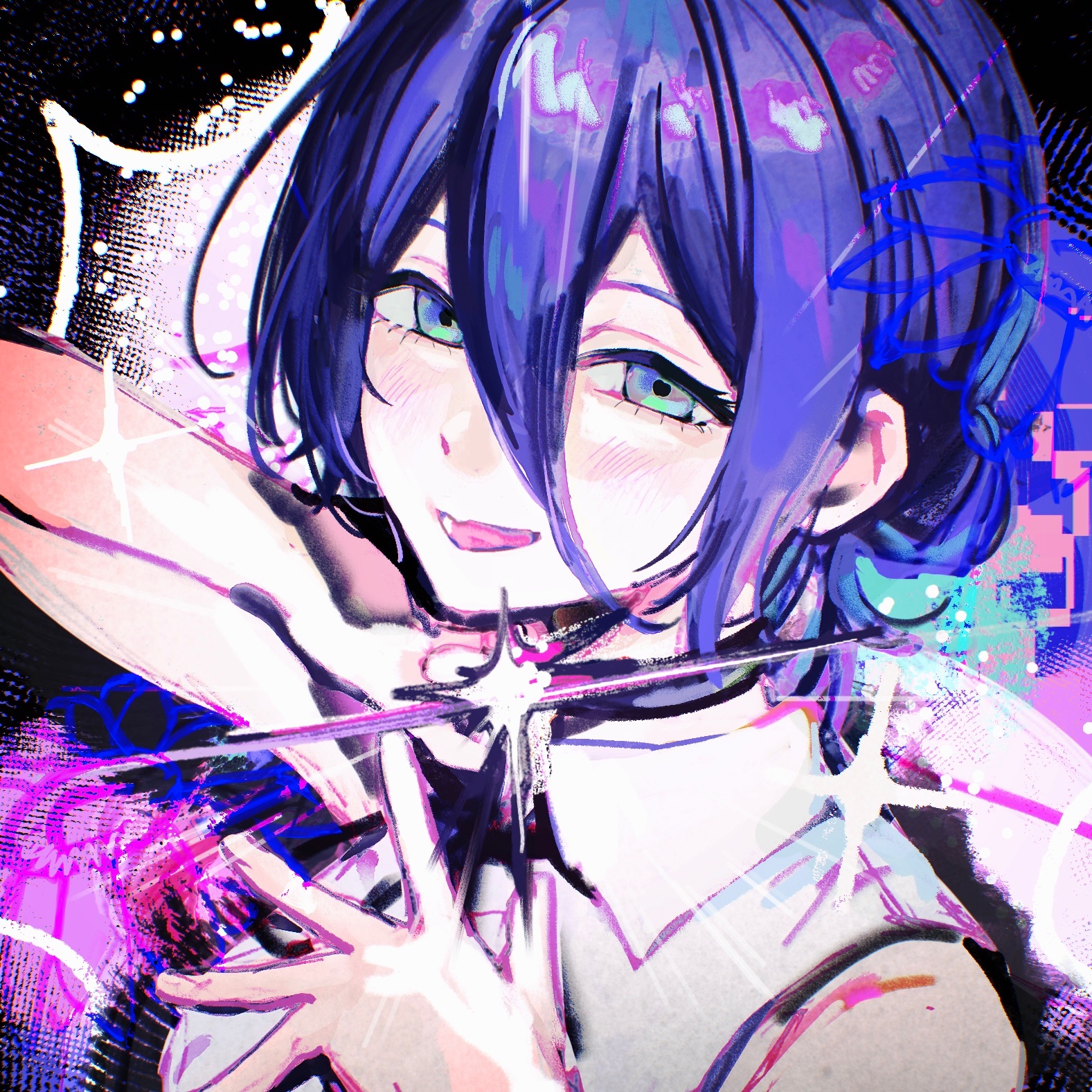 iwonu, reze (chainsaw man), chainsaw man, commentary, highres, 1girl, black choker, blue eyes, blue hair, blush, choker, grenade pin, hair between eyes, hair bun, hand up, imminent explosion, long hair between eyes, looking at viewer, portrait, pull cord, shirt, short hair, single hair bun, sleeveless, sleeveless shirt, solo, tongue, tongue out, white shirt