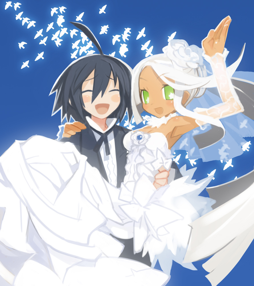 harada takehito, almaz von almadine adamant, sapphire rhodonite, disgaea, makai senki disgaea 3, nippon ichi, hand on shoulder, married, official art, spoilers, 1boy, 1girl, ahoge, alternate costume, alternate hairstyle, bird, black hair, blue background, blush, bow, bowtie, bridal veil, bride, brooch, carrying, closed eyes, couple, dark skin, detached sleeves, dress, flower, green eyes, groom, hair bun, hair flower, hair ornament, hair ribbon, hand on own hip, happy, hetero, jewelry, open mouth, princess carry, ribbon, rose, single hair bun, skirt, sleeveless, symbol-shaped pupils, tuxedo, veil, waving, wedding, wedding dress, white flower, white hair, white rose