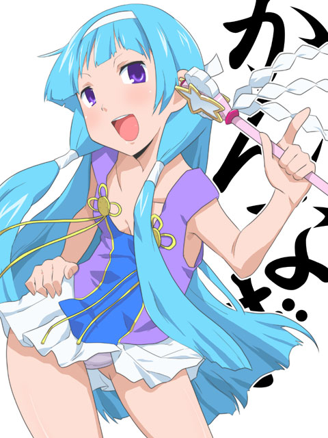 toku sonchou, nagi, kannagi, 00s, 1girl, blue hair, blunt bangs, female focus, flat chest, hair tubes, hairband, long hair, panties, pantyshot, pleated skirt, purple eyes, purple panties, skirt, solo, underwear, wand, white skirt