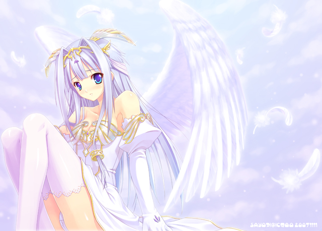 icqoo, sayori (neko works), feathers, panties, pantyshot, purple eyes, purple hair, solo, thighhighs, underwear, white theme, white thighhighs, wings