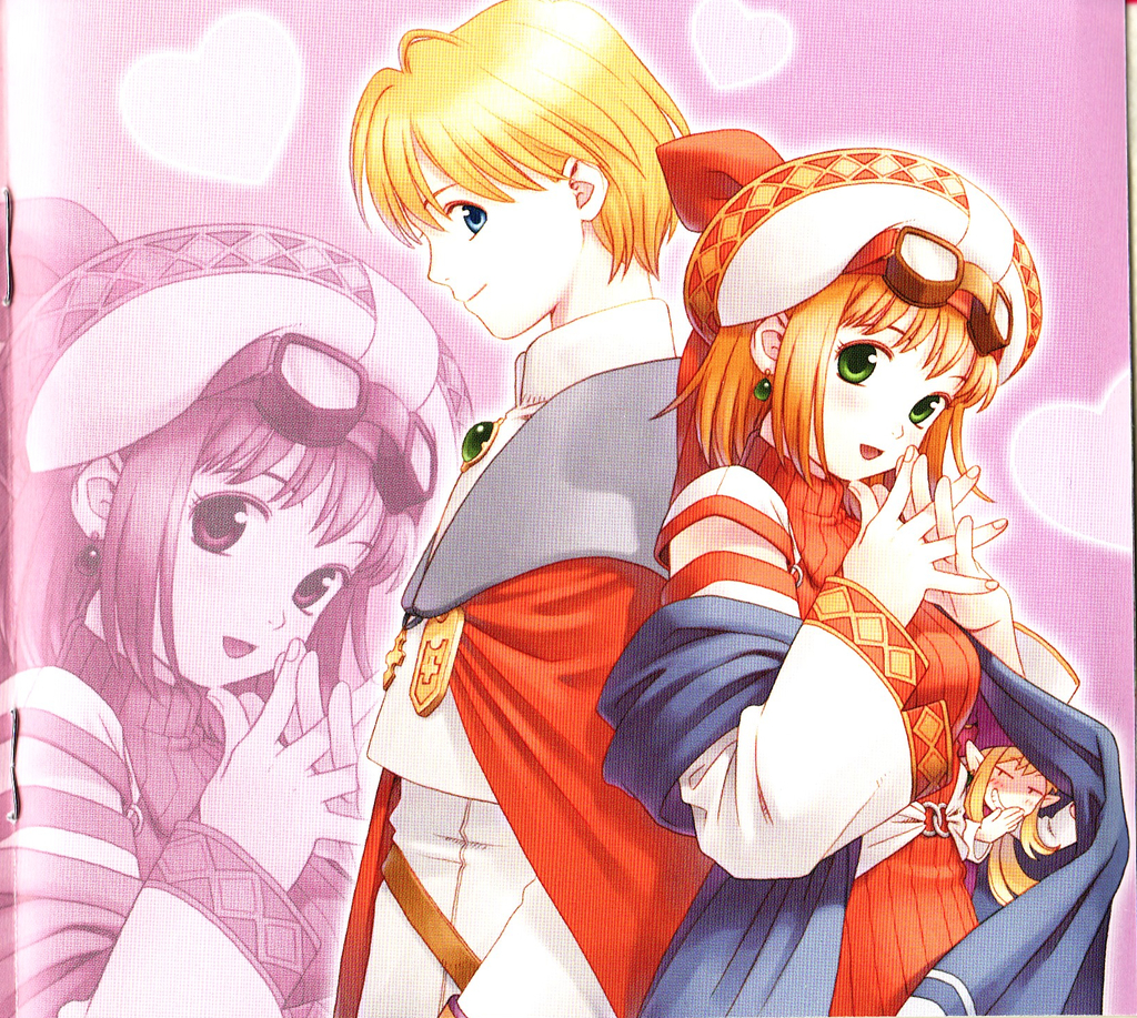koaru, maruyama kaoru, cornet espoir, ferdinand marl e, kururu (marl kingdom), marl kingdom, nippon ichi, puppet princess (marl kingdom), 1boy, 2girls, blonde hair, blue eyes, green eyes, hat, multiple girls