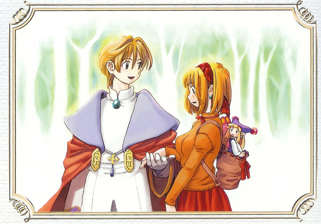 ryoji (nomura ryouji), cornet espoir, ferdinand marl e, kururu (marl kingdom), kururu (rhapsody), marl kingdom, nippon ichi, puppet princess (marl kingdom), 1boy, 2girls, blonde hair, blush, fairy, hat, long hair, mini person, minigirl, multiple girls, short hair, smile